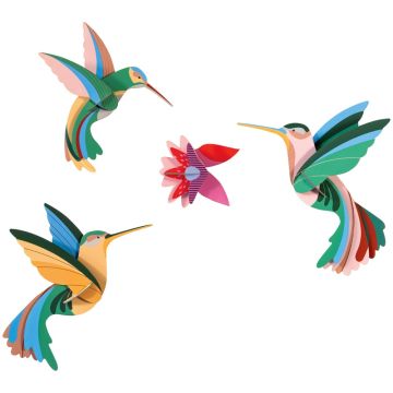 Set decorativo 3D Studio Roof con tre colibrì colorati e un fiore tropicale in cartone riciclato da assemblare - Bindi Giochi