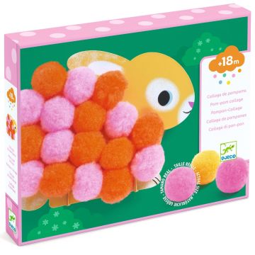 Amici PomPom Collage Djeco 3 animali 50 pompon grossi colorati autoadesivo NO colla 18 mesi - Bindi Giochi