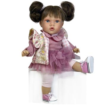 Bambola Nines d'Onil Susette Flower Pink Castana da 45 cm seduta con abito in tulle rosa giacca fiorita e leggings a righe - Bindi Giochi