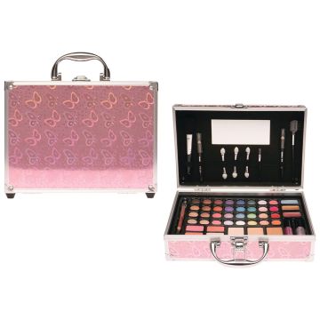 Valigetta Make-Up Treffina 50+ prodotti ombretti rossetti fard pennelli specchio metallica rosa farfalle 8 anni - Bindi Giochi